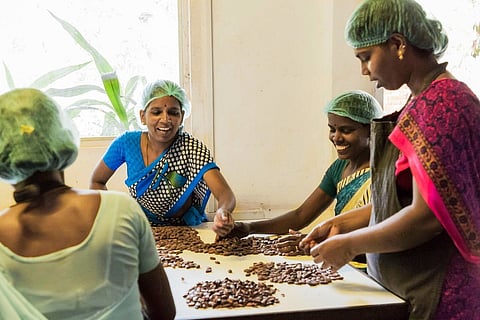 An all-women’s team led by Saraswathi Murthy makes chocolates at Mason & Co. in Auroville, Puducherry.
