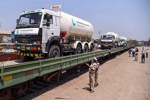 Liquid Medical Oxygen tanker for treatment of Covid-19 patients onboard a wagon at Kalamboli Goods Yard in Navi Mumbai