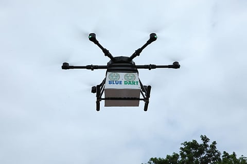 Blue dart drone delivering medicines in Telangana