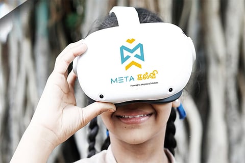 A student from Lady Willingdon Higher Secondary School, wearing Meta Kalvi VR headset.