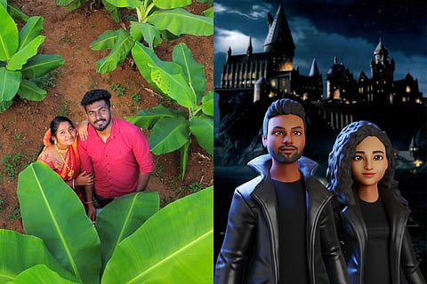 Collage of Dinesh and Janaganandhini in real and with their virtual avatars