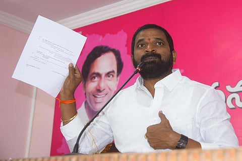 Minister Srinivas Goud addressing a press conference