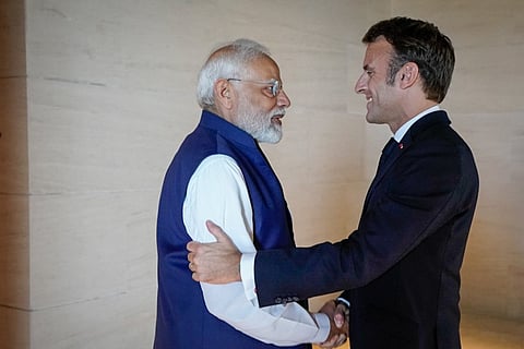 Prime Minister Narendra Modi and French president Emmanuel Macron shaking hands