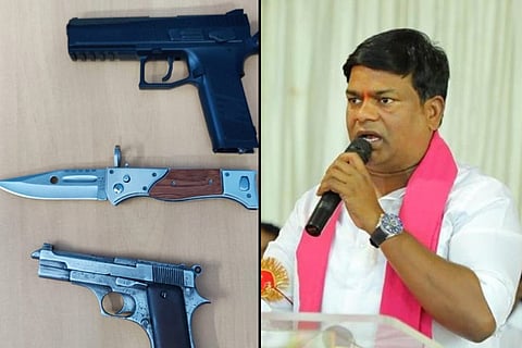 A collage image of seized weapons and MLA Jeevan Reddy