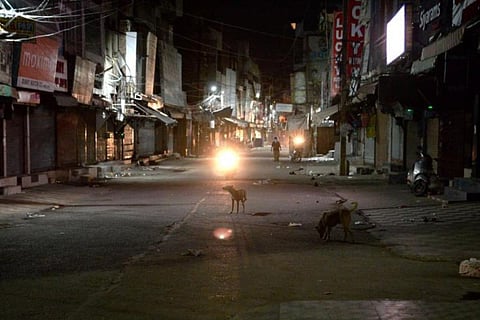 Deserted city road during night curfew