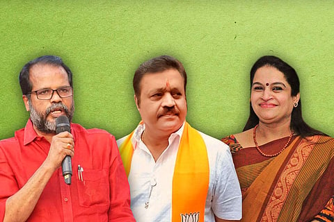 A collage of Thrissur Assembly poll candidates CPI's P Balachandran, NDA's Suresh Gopi and UDF's Padmaja Venugopal