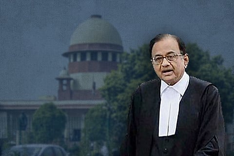 Senior Advocate P Chidambaram against the backdrop of Supreme Court