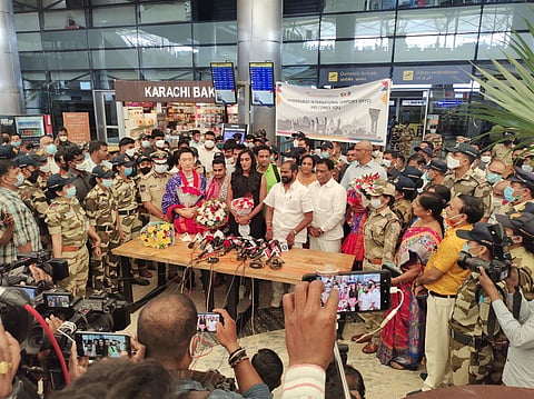 PV Sindhu with her coach Park Tae-Sang and others at the Hyderabad airport