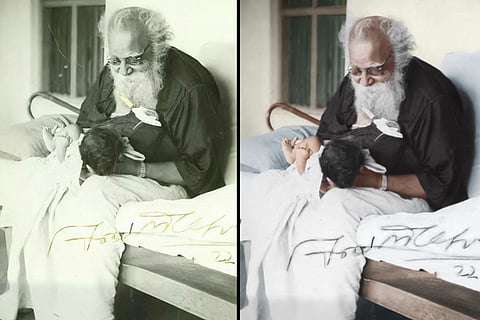 A black and white photo of Periyar beside a colourised one by photo restorer Jainth