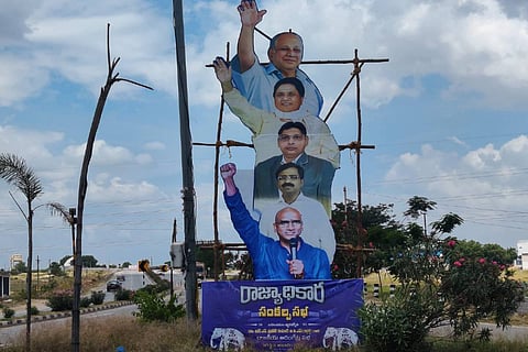 Flex boards with images of RS Praveen Kumar, Mayawati, Kanshiram and others