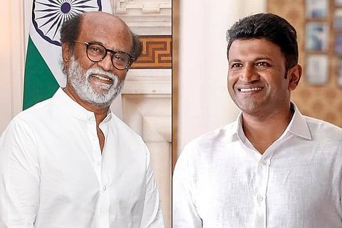 Actor Rajinikanth on the left and late actor Puneeth Rajkumar on the right.