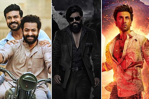Ram Charan and Jr NTR from RRR (L), Yash from KGF 2, Ranbir Kapoor from Brahmastra (R)