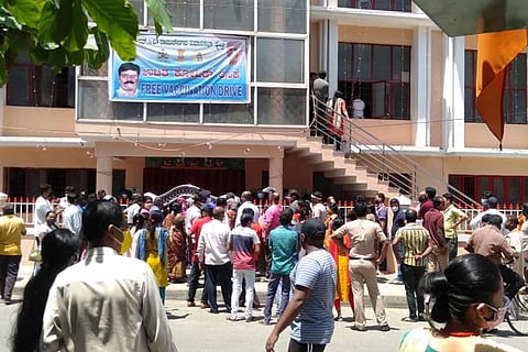 Crowd gathered at a vaccination camp held by S Raghu, Bengaluru CV Raman Nagar MLA