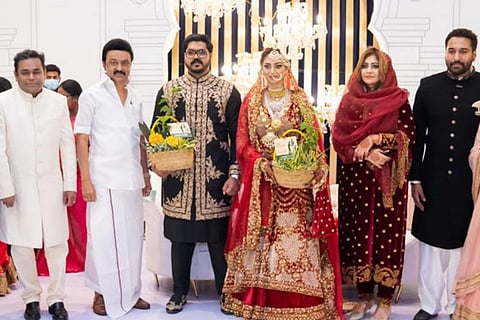 Actor Rahman, composer AR Rahman, Chief Minister Stalin, bride Rushda Rahman and groom Altaf Nawad