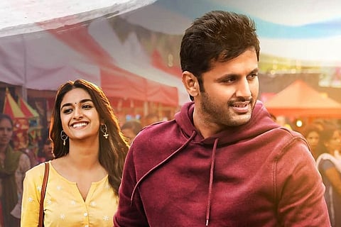 Keerthy Suresh and Nithiin's image from Rang De.