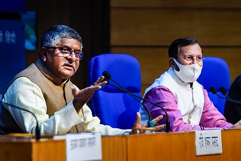 Union Minister of Law and Justice Ravi Shankar Prasad along with Union Minister for Environment Prakash Javadekar during a press conference, in New Delhi