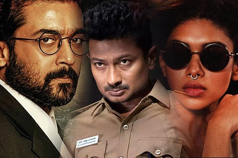 L to R: Suriya in Jai Bhim, Udhayanidhi Stalin in Nenjuku Needhi and Dushara Vijayan in Natchathiram Nagargiradhu