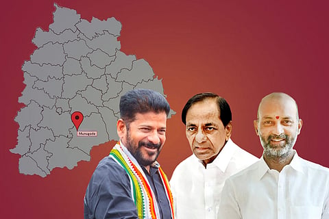 Telangana Congress chief Revanth Reddy, Chief Minister KCR, BJP chief Bandi Sanjay Kumar against a backdrop of Telangana map: Telangana political parties weighing all caste factors ahead of Munugode bye-election