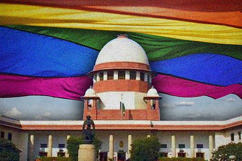 Supreme Court against the backdrop of rainbow flag