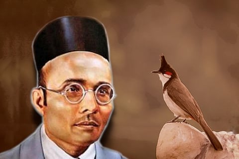 A textbook passage mentioned that VD Savarkar sat on a bulbul bird and flew out of prison.