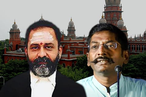A collage of Justice GR Swaminathan and YouTuber Savukku Shankar