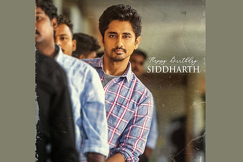Actor Siddharth is seen wearing a checked shirt and is standing in a queue in the poster from 'Maha Samudram'.