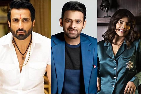 Collage of actors Sonu Sood, Prabhas and Priyanka Chopra