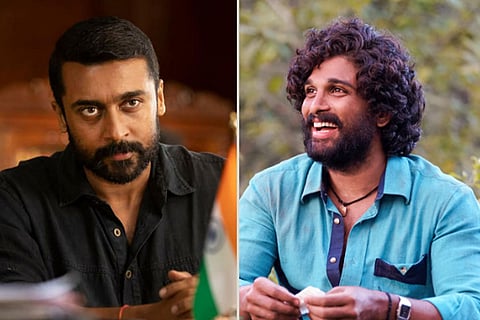 Suriya in Soorarai Pottru (L) and Allu Arjun in Pushpa: The Rise (R)
