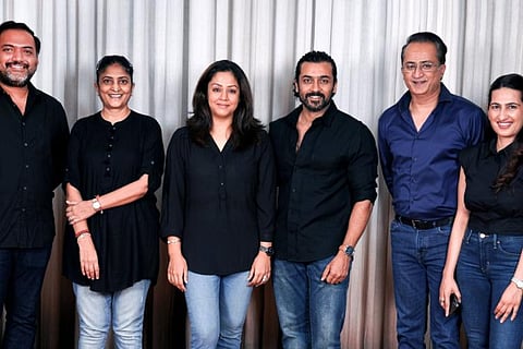 Actors and producers Jyotika, Suriya and director Sudha Kongara along with the producers of the Hindi remake of Soorarai Pottru