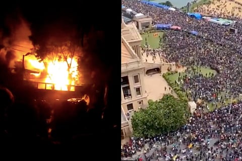 Sri Lanka Crisis: Collage of PM Ranil Wickremesinghe's home set on fire, protesters storming President Rajapaksa's official residence
