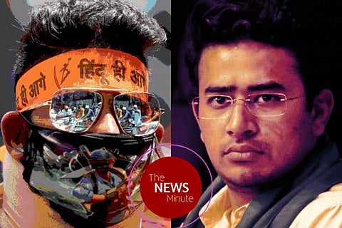Collage of Bengaluru South MP Tejasvi Surya and a masked man with a saffron headband.