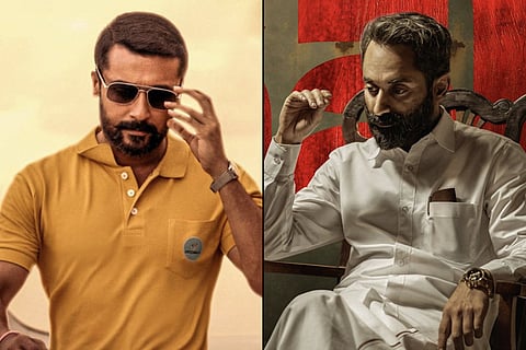 Actor Suriya's image from Soorarai Pottru poster on the left and actor Fahadh Faasil's image from Malik poster on the right