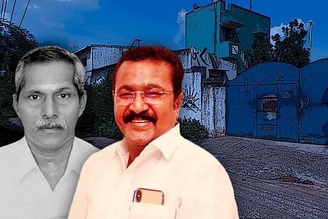 DMK MP TRVS Ramesh, and his alleged victim Govindarasu. In the background is Ramesh’s cashew unit where Govindarasu was allegedly murdered.