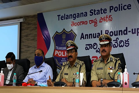 Telangana DGP Mahender Reddy addressing media in Hyderabad
