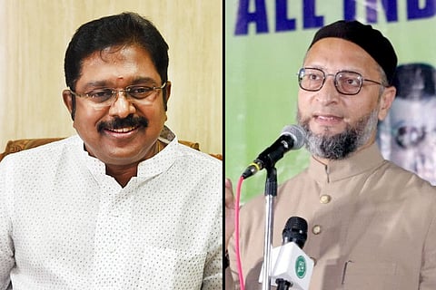 A collage of TTV Dhinakaran and Asaduddin Owaisi