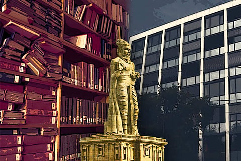 Collage of Tamil department in Cologne University, Germany with Tiruvalluvar statue and library shelves full of books