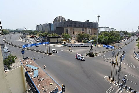 An aerial shot of Anna Salai in Chennai during the Tamil Nadu lockdown