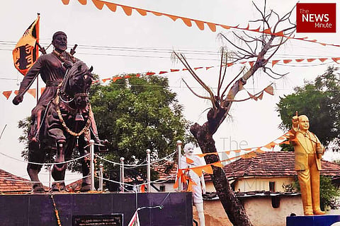 A photo of Shivaji and Ambedkar statues.