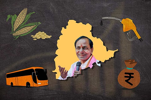 A collage of CM KCR and various factors that have led to high inflation in the state