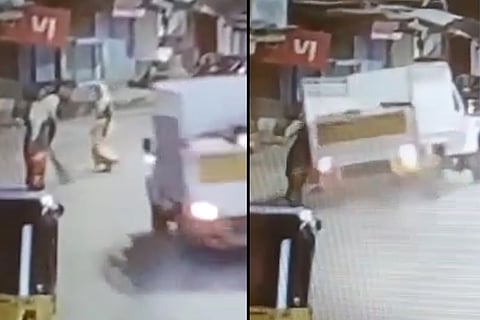 Collage of a white van hitting two women