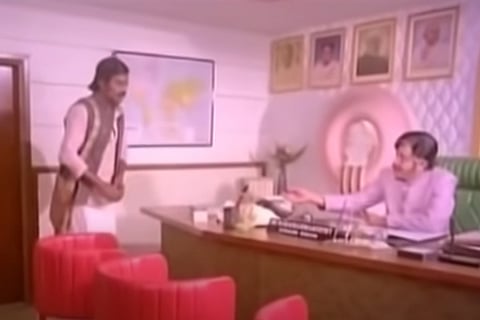 Rajinikanth and Thengai Srinivasan in a scene from Thillu Mullu