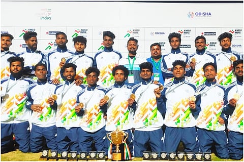 Players of Kerala's Khelo India University Games football tournament team