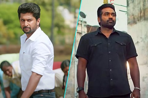 Actor Nani from Tuck Jagadish on the left and actor Vijay Sethupathi from Tughlaq Durbar on the right