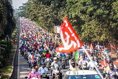 Visakhapatnam Steel Plant employees take part in massive bike rally in February 2021 to protest against the move to privatise the plant