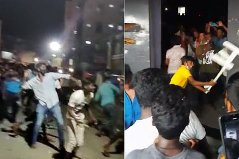 Two screenshots showing self-proclaimed Pawan Kalyan fans going on a rampage and vandalising movie theatres after cancellation of ‘Vakeel Saab’ shows