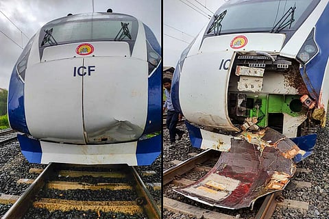A collage of Vande Bharat train after colliding with cattle.