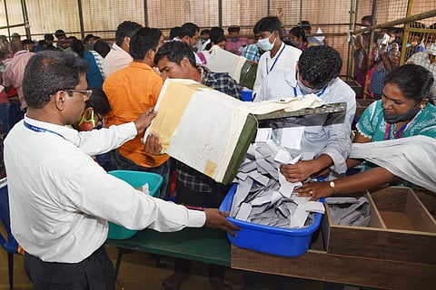 Officials counting municipal election votes at Loyola college in Vijayawada