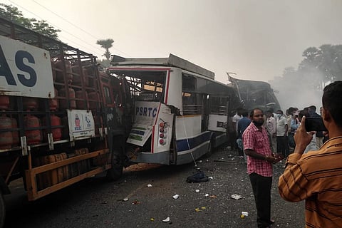 Visuals from Vizianagaram where two buses and a truck can be seen damaged after collision