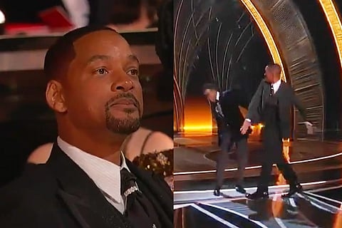A screenshot from the video showing Will Smith punching Chris Rock during the Oscars
