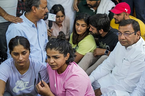 Wrestlers protesting at Jantar Mantar
